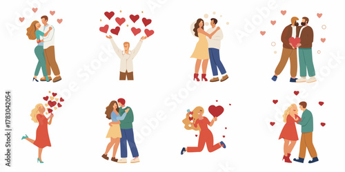 Collection of diverse couples and individuals celebrating love and romance with hearts
