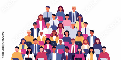 Diverse group of professionals gathered together in a pyramid formation holding laptops and files