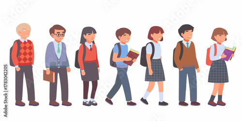 Diverse group of happy students in school uniforms carrying backpacks and books walking together