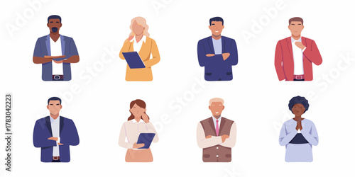 Diverse group of professional men and women in business attire standing against a white background