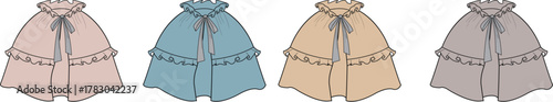 Four different colored hooded capes with ruffled edges, showcased in a row against a white background