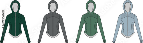 Vector template of women's athletic performance full zip hoodie jacket. Sportswear apparel mockups in multiple color variations for fashion design