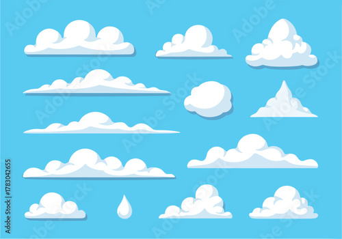 Illustration of various white clouds on a blue background.