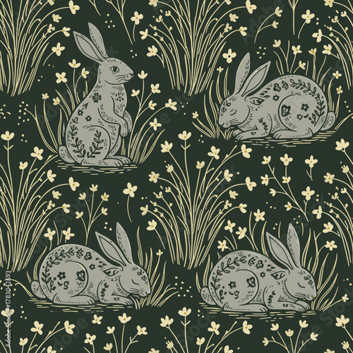 Enchanted Forest Rabbit Pattern SVG: Whimsical Seamless Vector Background with Hares in Grass and Tiny Flowers, Inspired by Vintage Folk Art and Woodland Tales