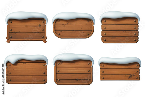 Rustic wooden signs with snowy tops perfect for winter holiday messages, seasonal greetings, and festive announcements