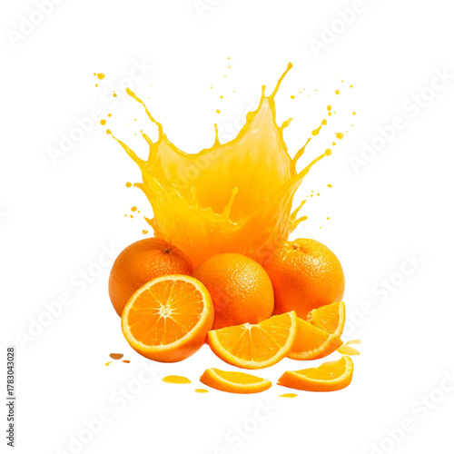 Orange juice splash with oranges isolated on transparent background