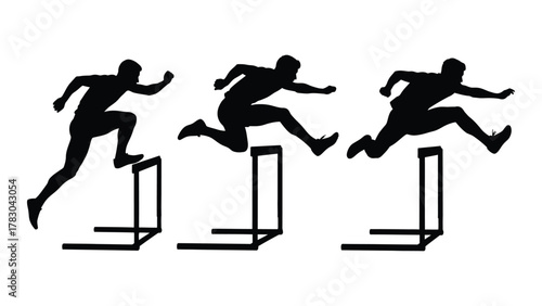 Hurdle race athlete silhouette sequence isolated on white background, Vector