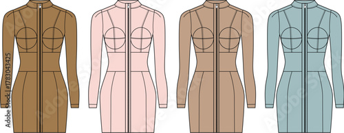 Vector fashion design template showing a stylish long-sleeved mini dress with a front zipper and bustier seams, available in four color variations