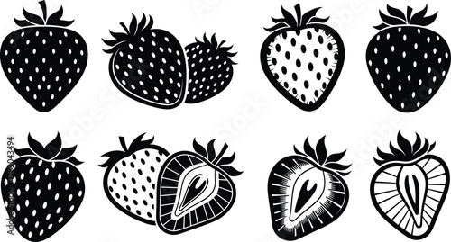 Black and white strawberry vector illustration set, fruit silhouette design collection, fresh berry icons, simple graphic art for print and logo use