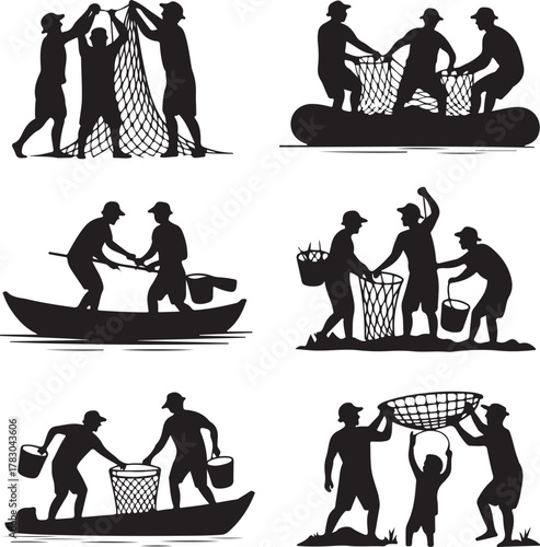 Black Silhouette Illustration of Fishermen Casting Nets and Catching Fish