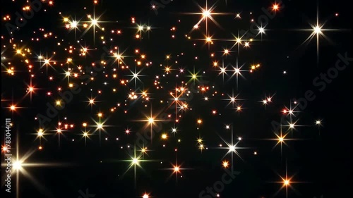 Shimmering Golden and White Stars with Lens Flares on Dark Background, Festive and Magical Overlay Effect