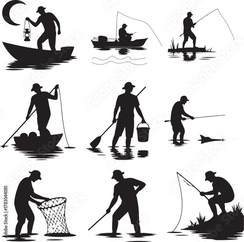 Fisherman Silhouette Collection Various Fishing Activities and Poses Vector Illustrations