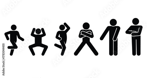 Stick Figure Poses Vector Set: People Dancing, Jumping, and Standing Actions Pictogram.
