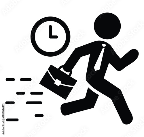 Running Businessman with Clock and Briefcase Icon: Deadline, Time Management, and Rush Vector.