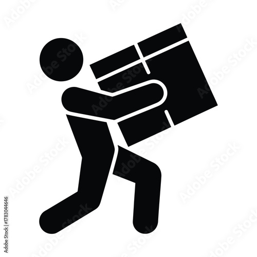 Stick Figure Carrying Large Box Icon: Moving, Delivery, and Manual Labor Pictogram Symbol.
