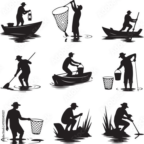 Silhouette collection of people fishing crabbing and exploring waterways illustration