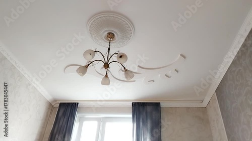 Decorative ceiling medallion and cornice camera movement Neutral tones and soft light content for architecture classic style and cozy home fits ad mockups nobody