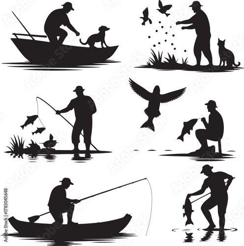 Silhouette Illustrations of Fishing and Outdoor Activities with Animals