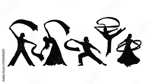 Dynamic dance silhouettes with ribbons isolated on white background, Vector