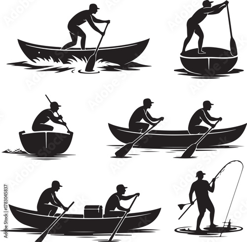 Silhouette illustrations of people fishing and rowing boats black on white