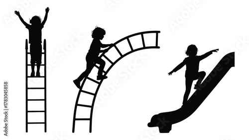 Children playing on playground equipment silhouettes isolated on white background, Vector