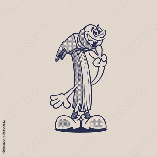 Groovy hammer character in retro cartoon with happy face. Mascot, vector, icon, collection, sticker, vintage, illustration, set, funny, logo, comic, editable, 70's, tools