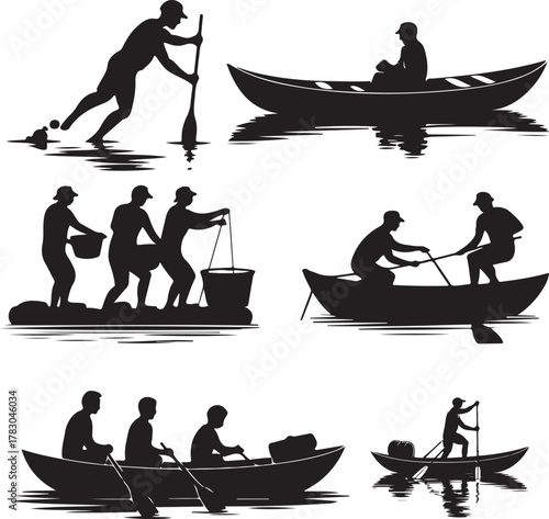 Silhouette images of people in boats and fishing on the water