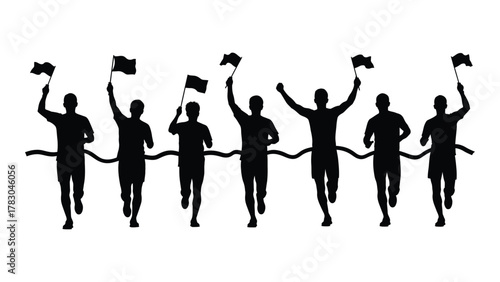 Runners crossing finish line silhouette isolated on white background, Vector