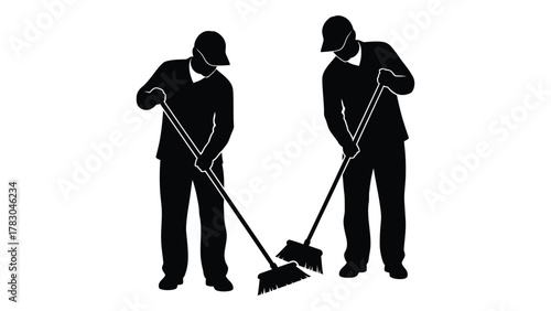 Two workers sweeping with brooms silhouette isolated on white background, Vector