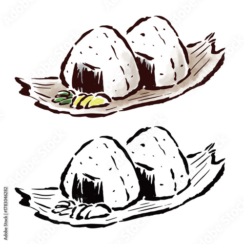 竹皮にのった昔ながらのおにぎり　カラー・線画セット