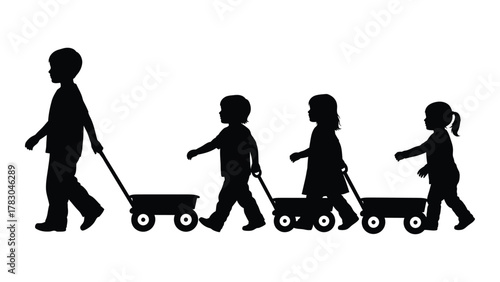 Children pulling wagons silhouette isolated on white background, Vector