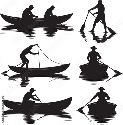 Silhouette of people boating and paddling various boats on water bodies