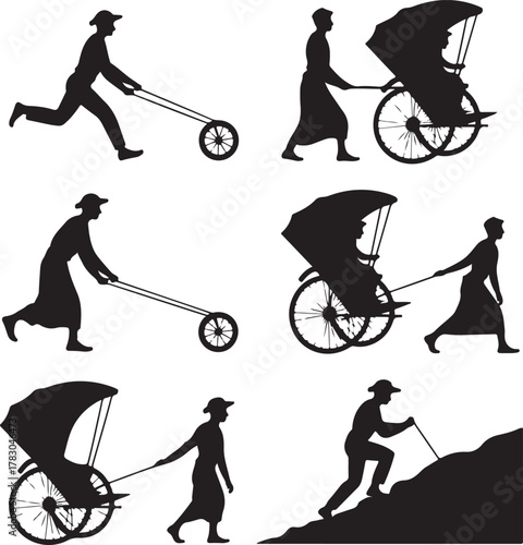 Silhouette of Rickshaw Pullers in Various Poses Asian Culture Representation