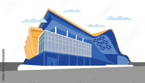 Modern office building exterior with glass windows. Corporate headquarters or business center facade. event building, landmark and iconic building concept. Flat vector cartoon illustration.