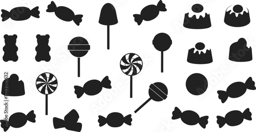 Candy and sweets silhouette grid, assorted confectionery icons set, black and white vector design, cad drawing flat vector illustration