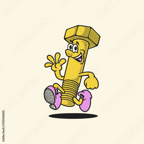 Groovy screw bolt character in retro cartoon with happy face. Mascot, vector, icon, collection, sticker, vintage, illustration, set, funny, logo, comic, editable, 70's, worker tools, hand tools