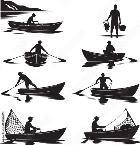 Silhouetted figures boating and fishing on a reflective water surface