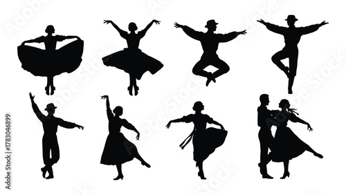 Traditional folk dance silhouettes isolated on white background, Vector