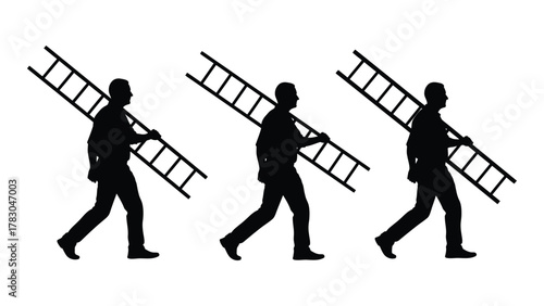 Man carrying ladder silhouettes isolated on white background, Vector