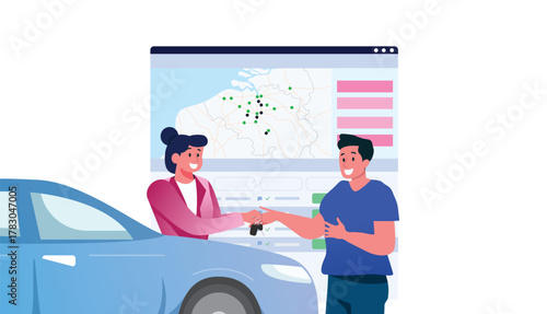 Concept of car rental service via smartphone. Female employee handing over keys to male customer. Online car rent service flat design concept vector illustration.