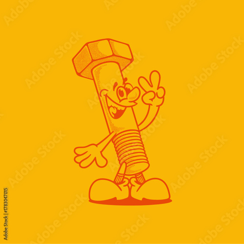 Groovy screw bolt character in retro cartoon with happy face. Mascot, vector, icon, collection, sticker, vintage, illustration, set, funny, logo, comic, editable, 70's, worker tools, hand tools