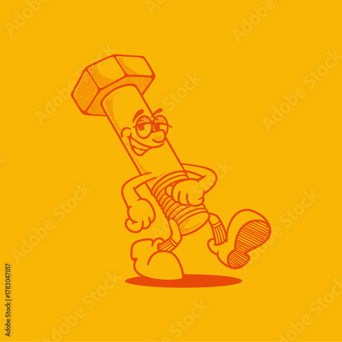 Groovy screw bolt character in retro cartoon with happy face. Mascot, vector, icon, collection, sticker, vintage, illustration, set, funny, logo, comic, editable, 70's, worker tools, hand tools