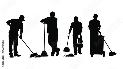 Cleaning workers silhouettes set isolated on white background, Vector