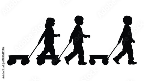 Children pulling wagons silhouette isolated on white background, Vector