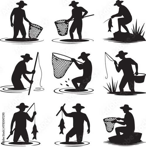 Silhouetted Fisherman Icons in Water Catching Fish with Net and Rod
