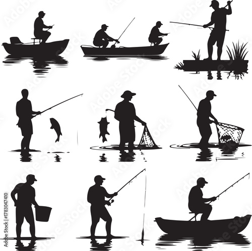 Silhouetted fishermen fishing in boats and standing in water collection