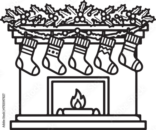 Minimalist Christmas fireplace outline icon with editable stroke. Featuring roaring fire, mantel with stockings and ornaments, and festive garland. Thin linear illustration.