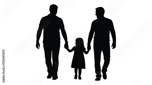 Two dads and daughter walking silhouette isolated on white background, Vector
