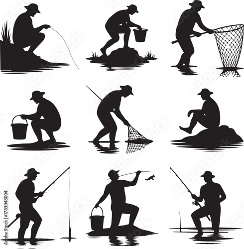 Silhouetted Fishermen in Various Poses Engaging in the Activity Fishing