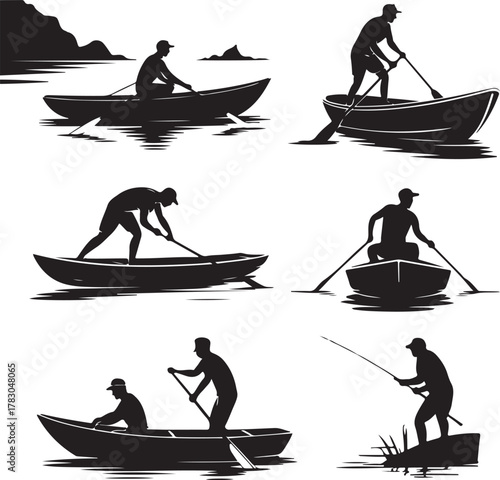 Silhouetted men in rowboats illustrating different activities on the water